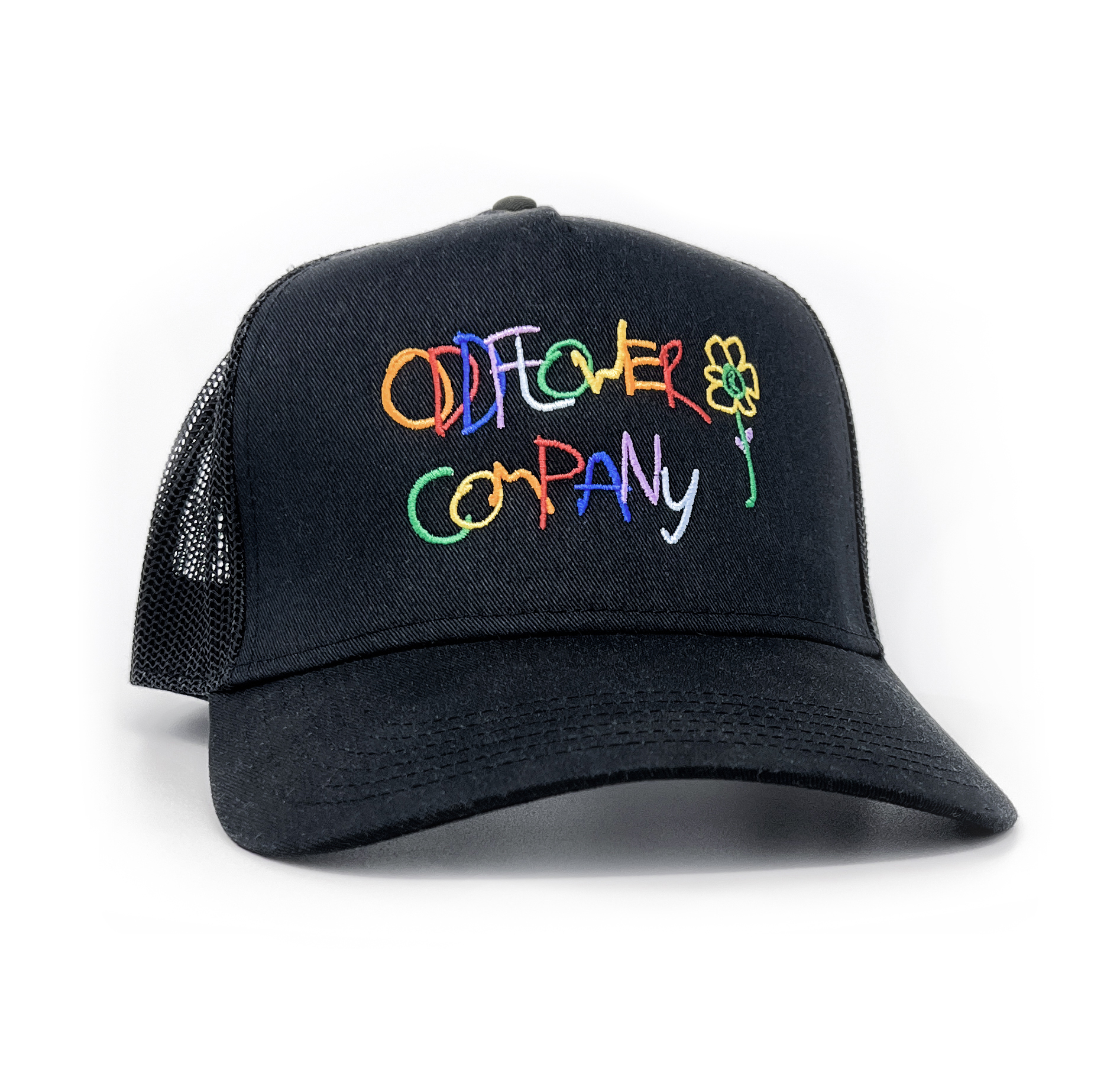 Rainbow Embroidered Oddflower Trucker Hat in Black