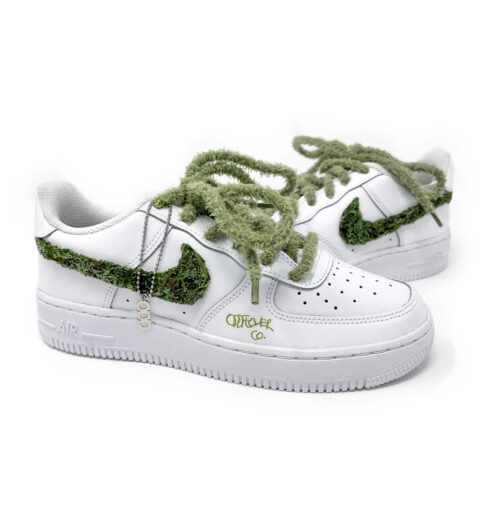 Air Force 1 Sneakers with Moss Swoosh and Fuzzy Laces